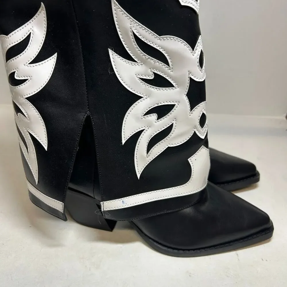 INC Womens 6.5 M Black White Smooth Jadiza Western High Heel Boots DISPLAY QK6
